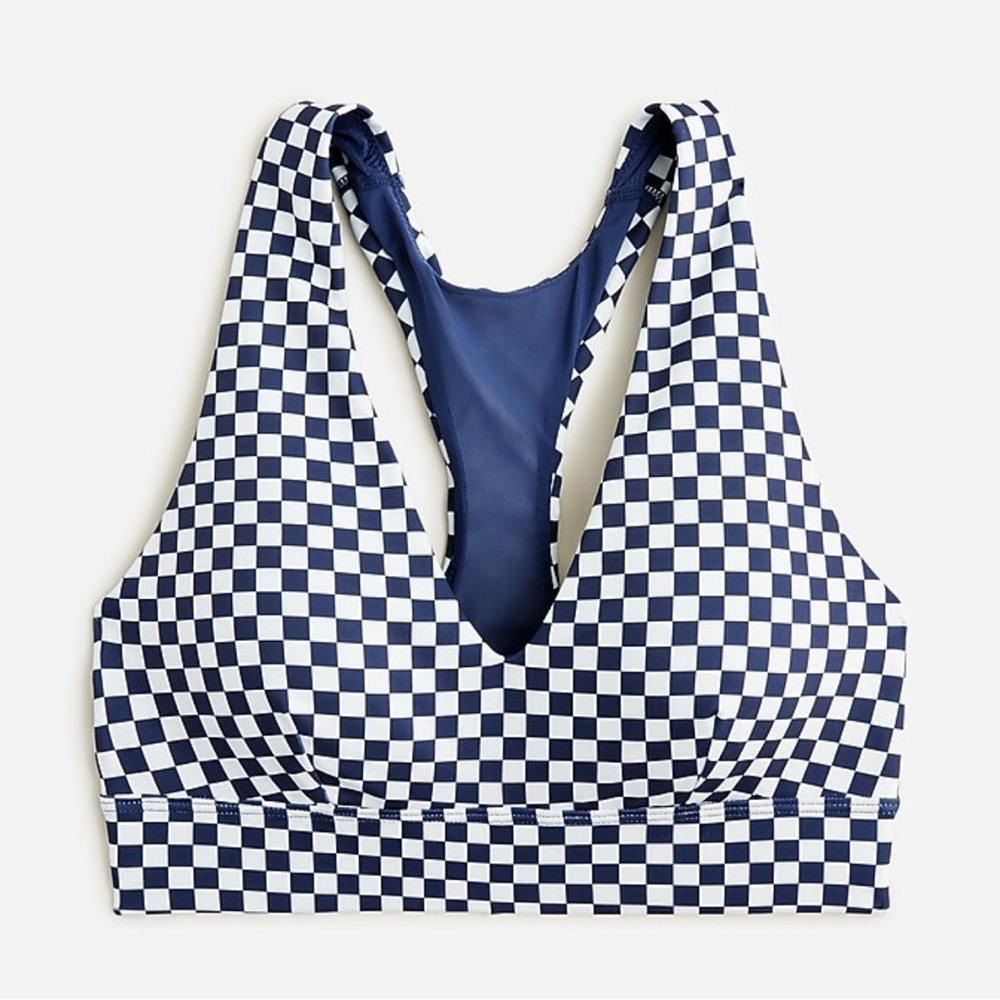 J Crew CloudStretch deep V-neck sports bra in checkerboard sz XXL NWOT navy blue